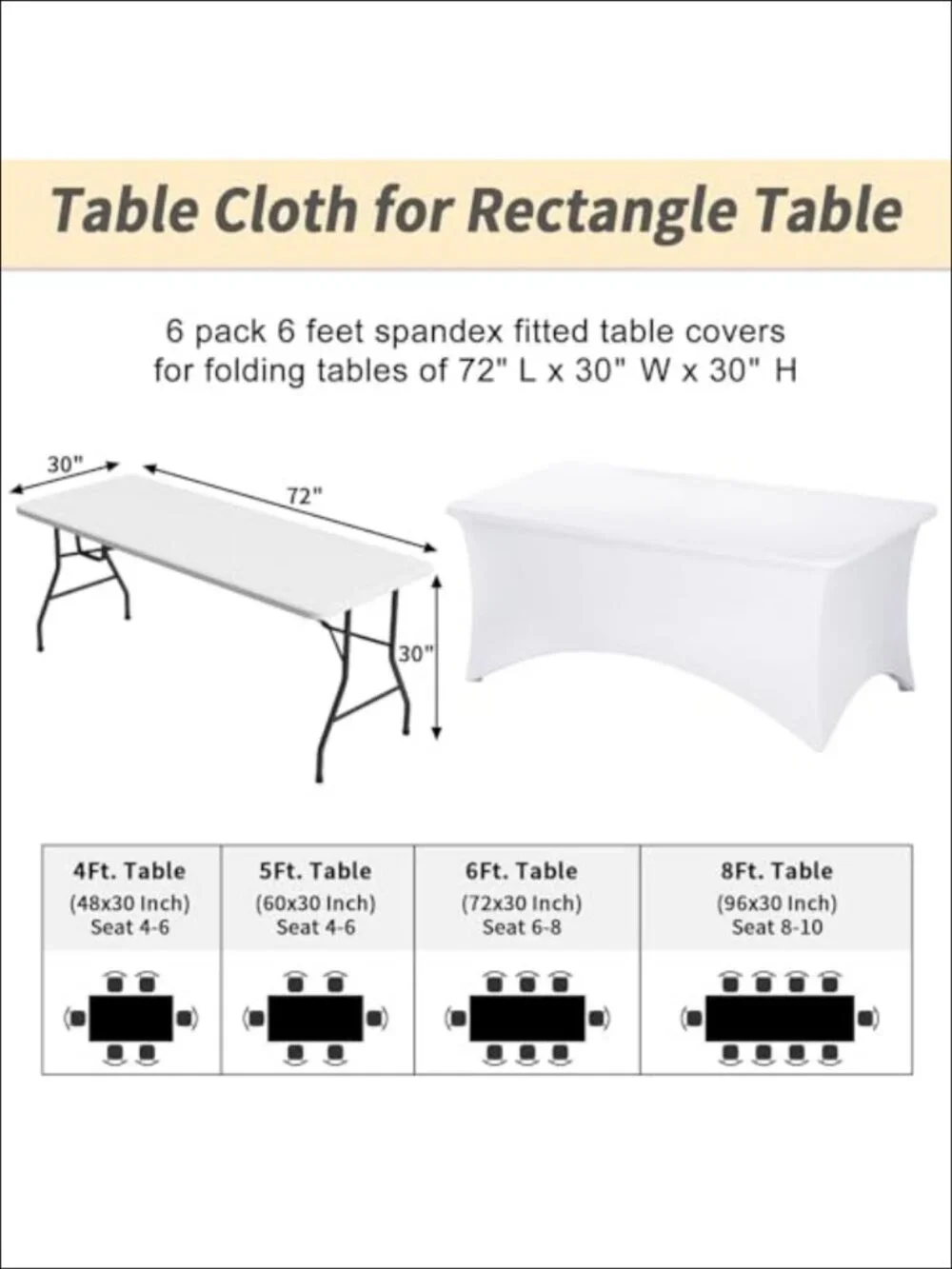 6 Pack 6FT Spandex Fitted Table Cover Rectangle Stretch Tablecloth